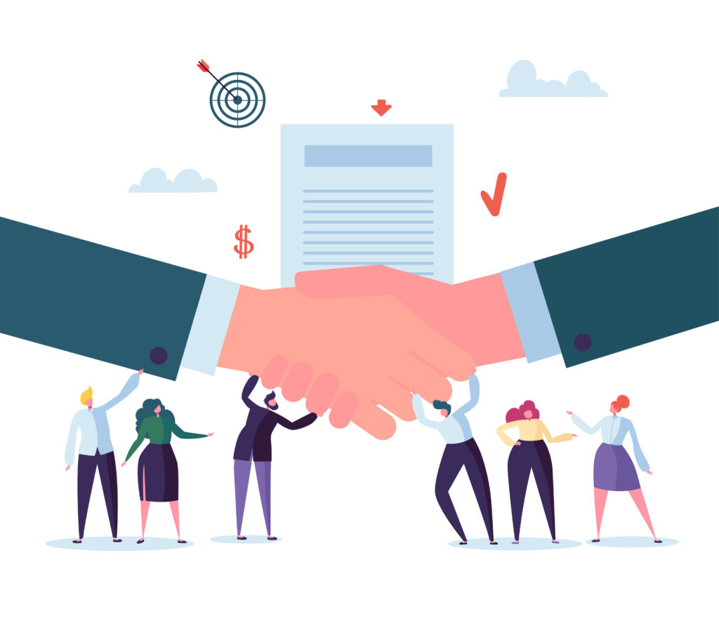 Handshake Business Agreement. Flat People Characters Signing Contract. Successful Partnership, Cooperation Concept. Vector illustration