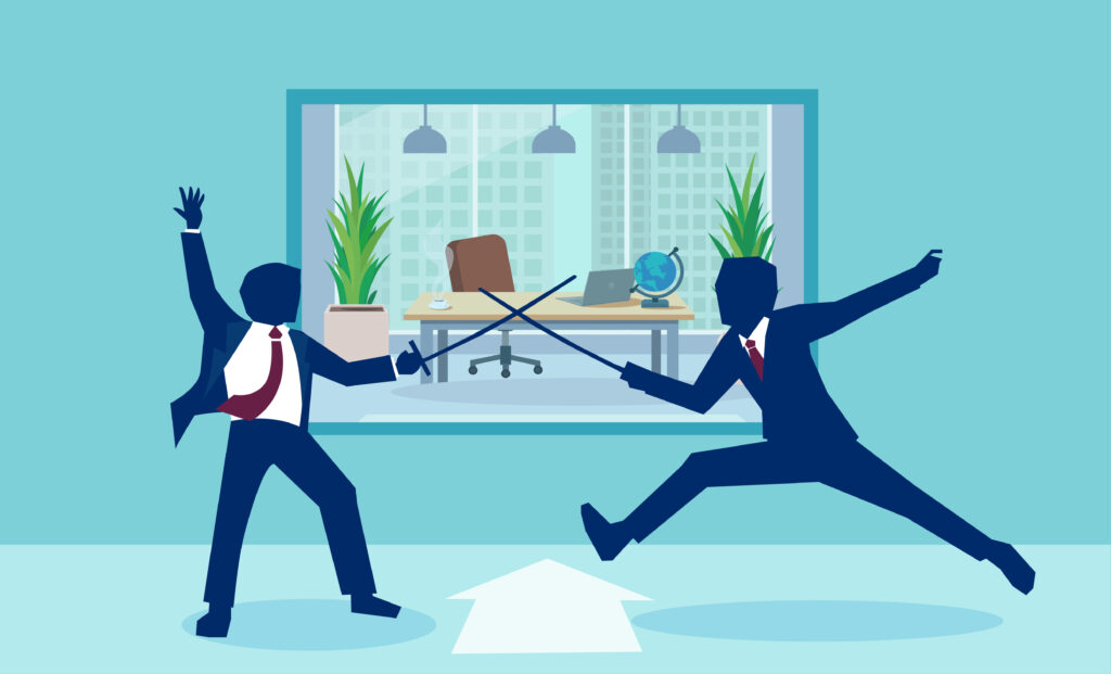 Vector image of businessmen in rivalry fighting with swords in office