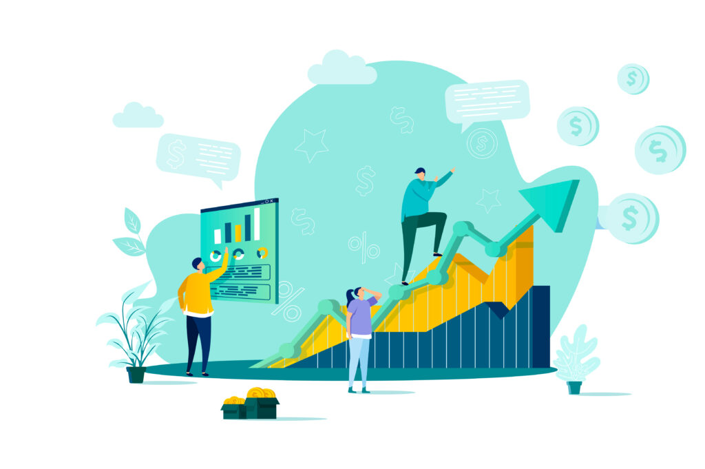 Sales management concept in flat style. Manager analyzing growing chart scene. Developing sales force, coordinating sales operations. Vector illustration with people characters in work situation.