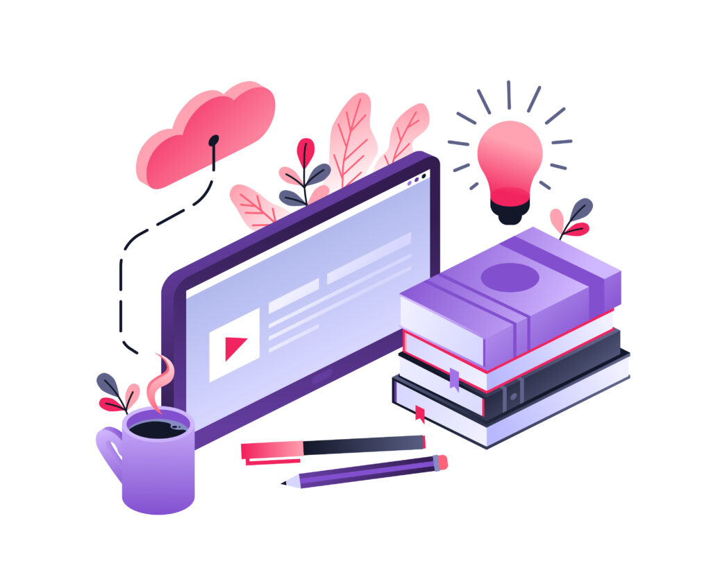 Vector concept for online education. Flat 3d isometric design. Online training courses, retraining, specialization, tutorials. Can be used for web design, banners, promotional materials etc.