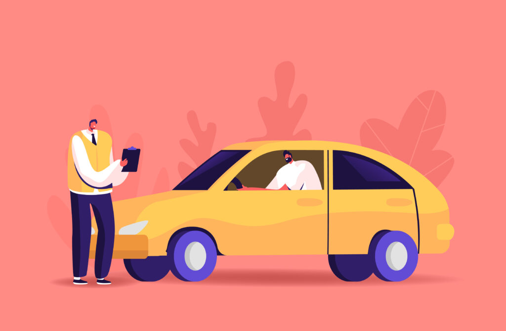 Male Character Pass Exam for Driver License in School with Instructor. Learner Driving Car with Tutor Writing in Clipboard. Student Study Drive Automobile on Road. Cartoon People Vector Illustration