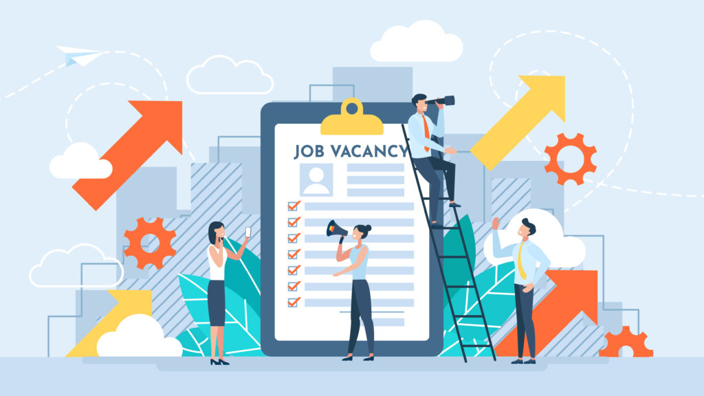 Hiring concept. Job vacancy. Hr agency. Job hiring, online recruitment. Tiny people character. Applicants queue for consideration. Agency interview. Job search metaphor. Vector flat illustration. 