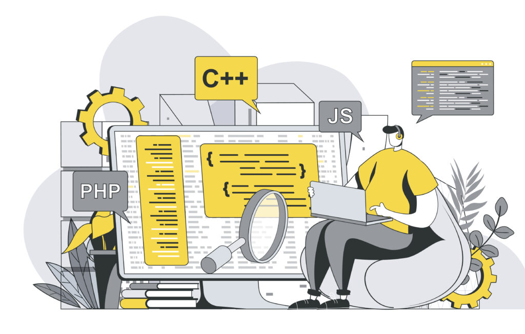 Programming software concept with outline people scene. Developer codes in different languages, creates programs and software, optimizes apps. Vector illustration in flat line design for web template